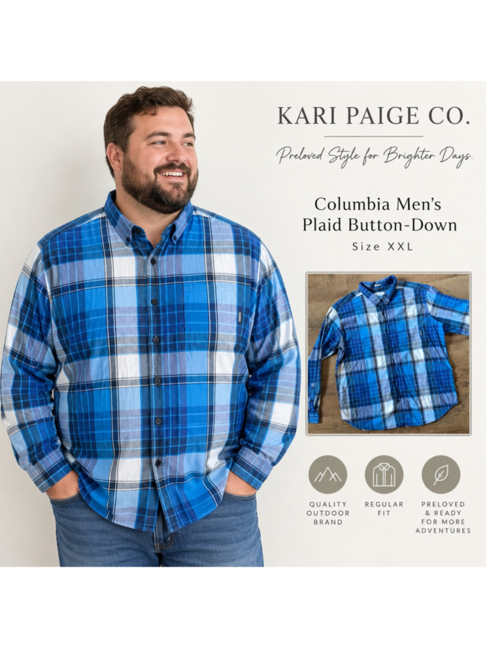 Men's Columbia Plaid Button-Down Shirt Blue White Size XXL